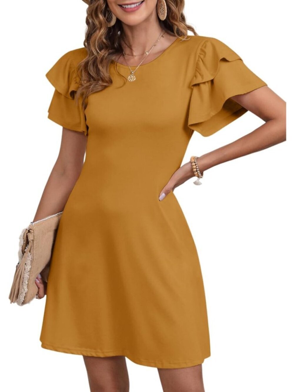 Dokotoo Women's Jurassic Gold Ruffle Edge Sleeve Casual Beach Mini Floral Dress